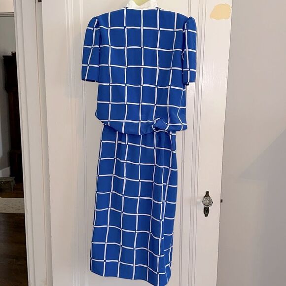 Vtg 80s Sasson Blue & White Grid Pattern Blouson Polyester Short Sleeve Dress - Picture 5 of 7
